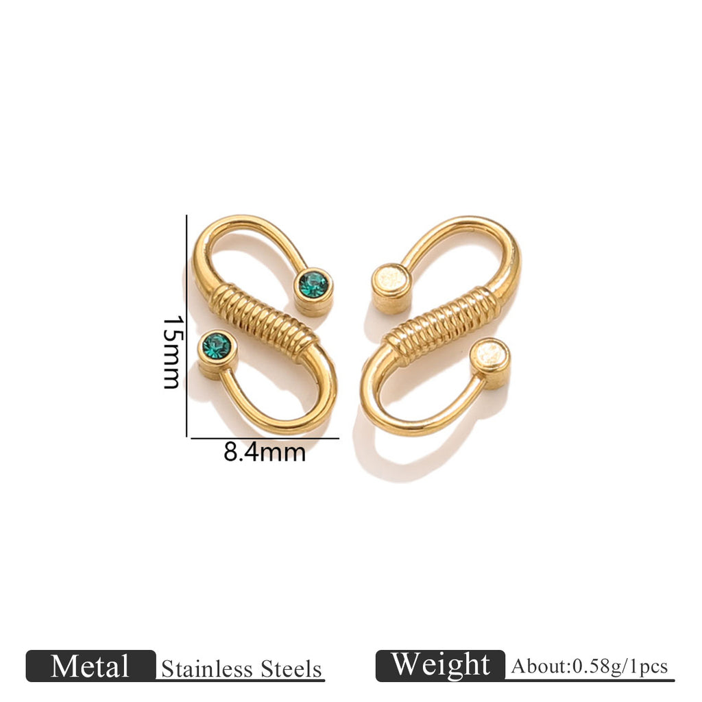 Two gold stainless steel S-hook clasps with green and white stones, 15mm by 8.4mm dimensions