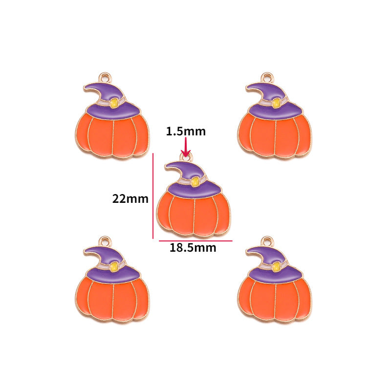 Five orange pumpkin charms with purple witch hats and gold trim, 22x18.5mm, size shown