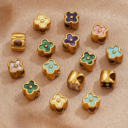 18K Gold-Plated Stainless Steel Four-Leaf Clover Large-Hole Spacer Beads 5pcs