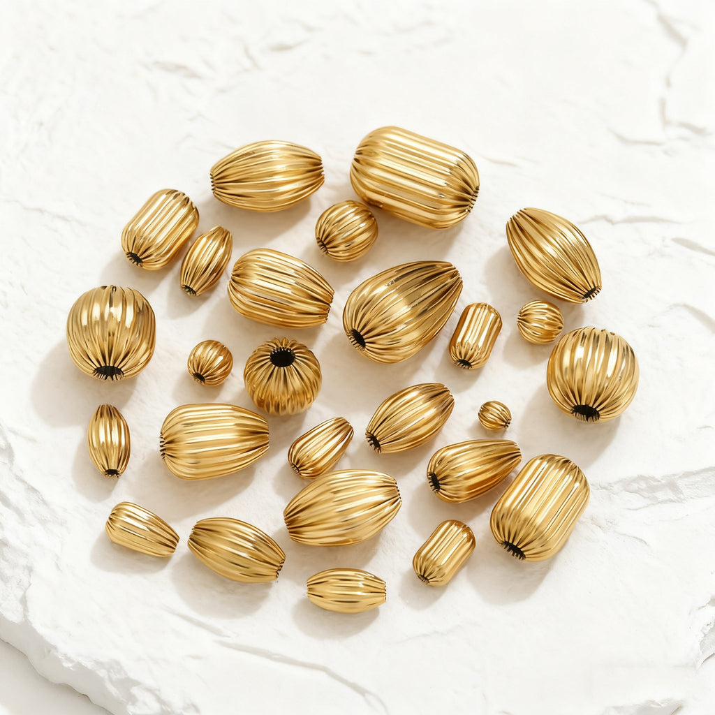 18K Gold-Plated Stainless Steel Ribbed Teardrop Spacer Beads 10pcs
