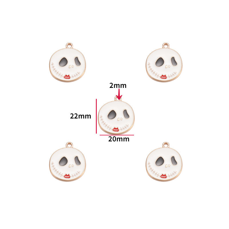 Five round skeleton-face pendant charms on white, center pendant annotated 22mm by 20mm.