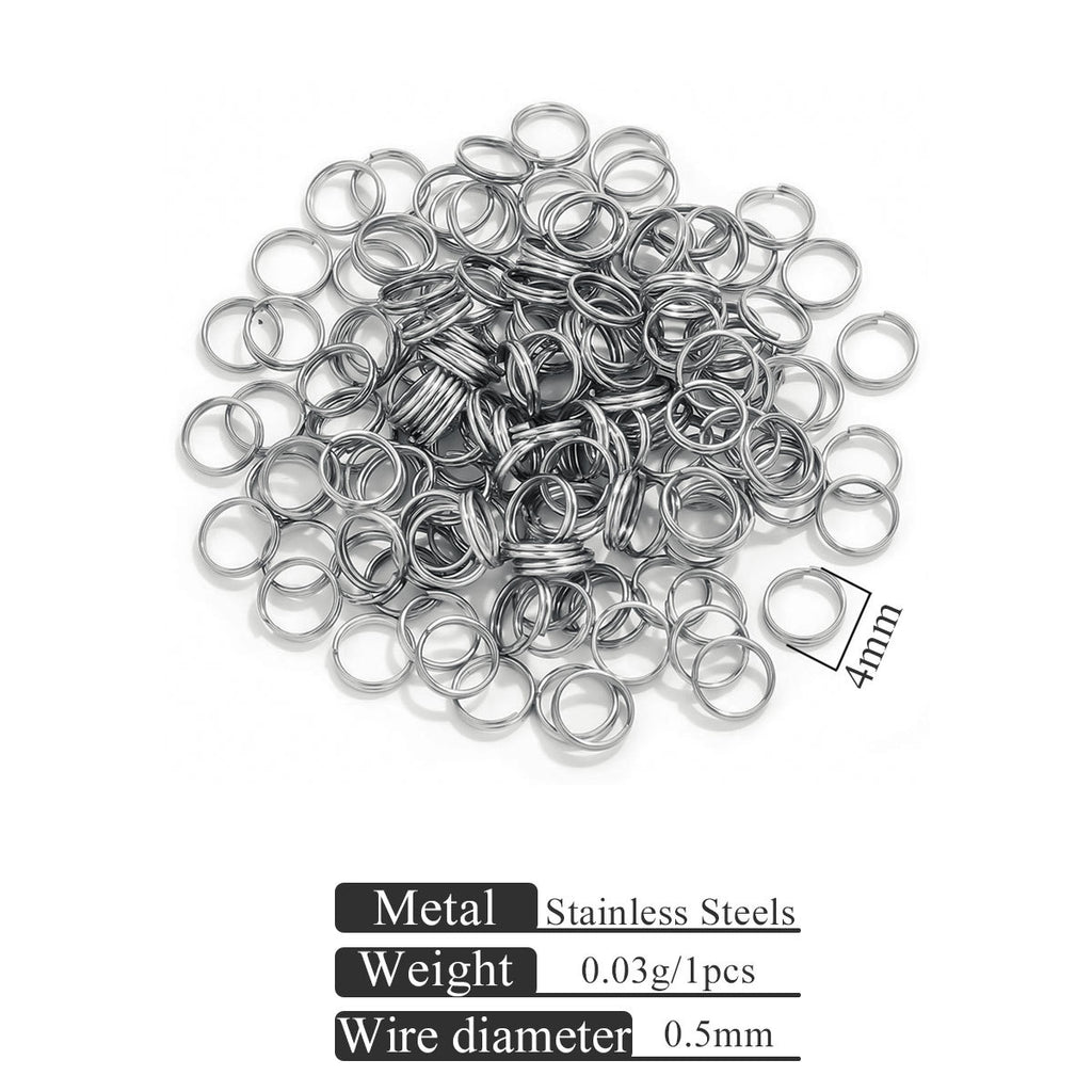 Small stainless steel jump rings on white background with 4mm size indicator