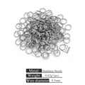 Small stainless steel jump rings on white background with 4mm size indicator