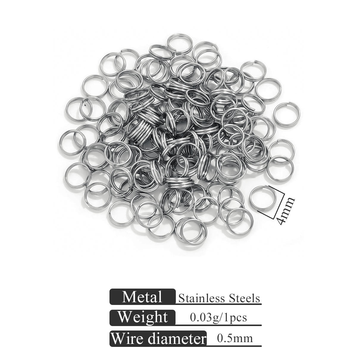 Small stainless steel jump rings on white background with 4mm size indicator