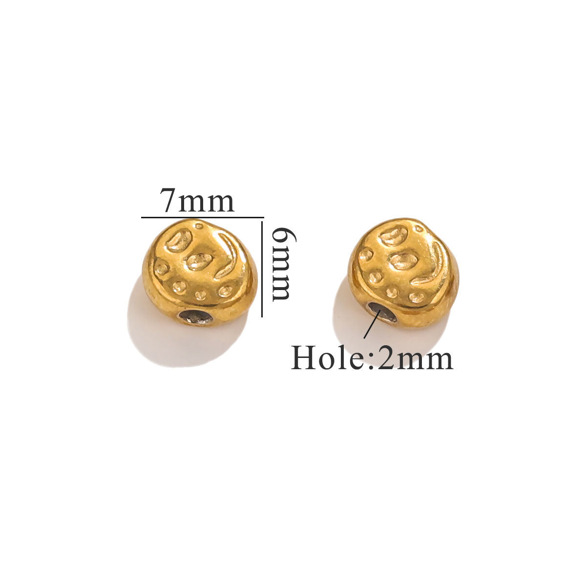 Two gold-plated baroque irregular spacer beads with size measurements on white background
