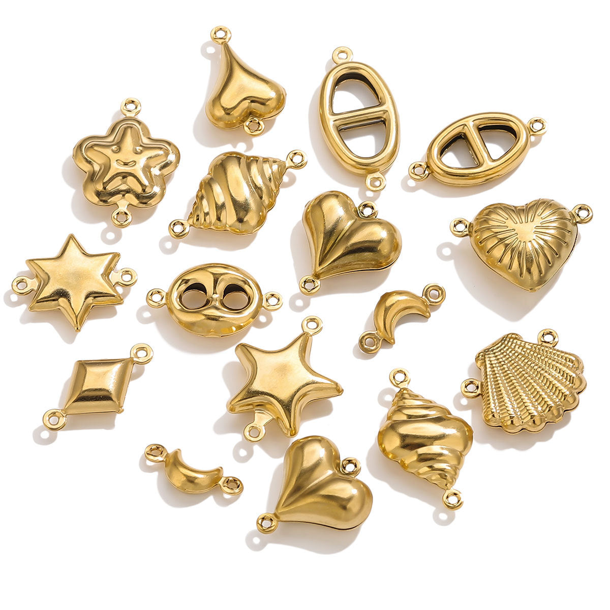 Gold-plated stainless steel double-hole hollow connector charms in star, heart, shell, moon, and buckle shapes on white background