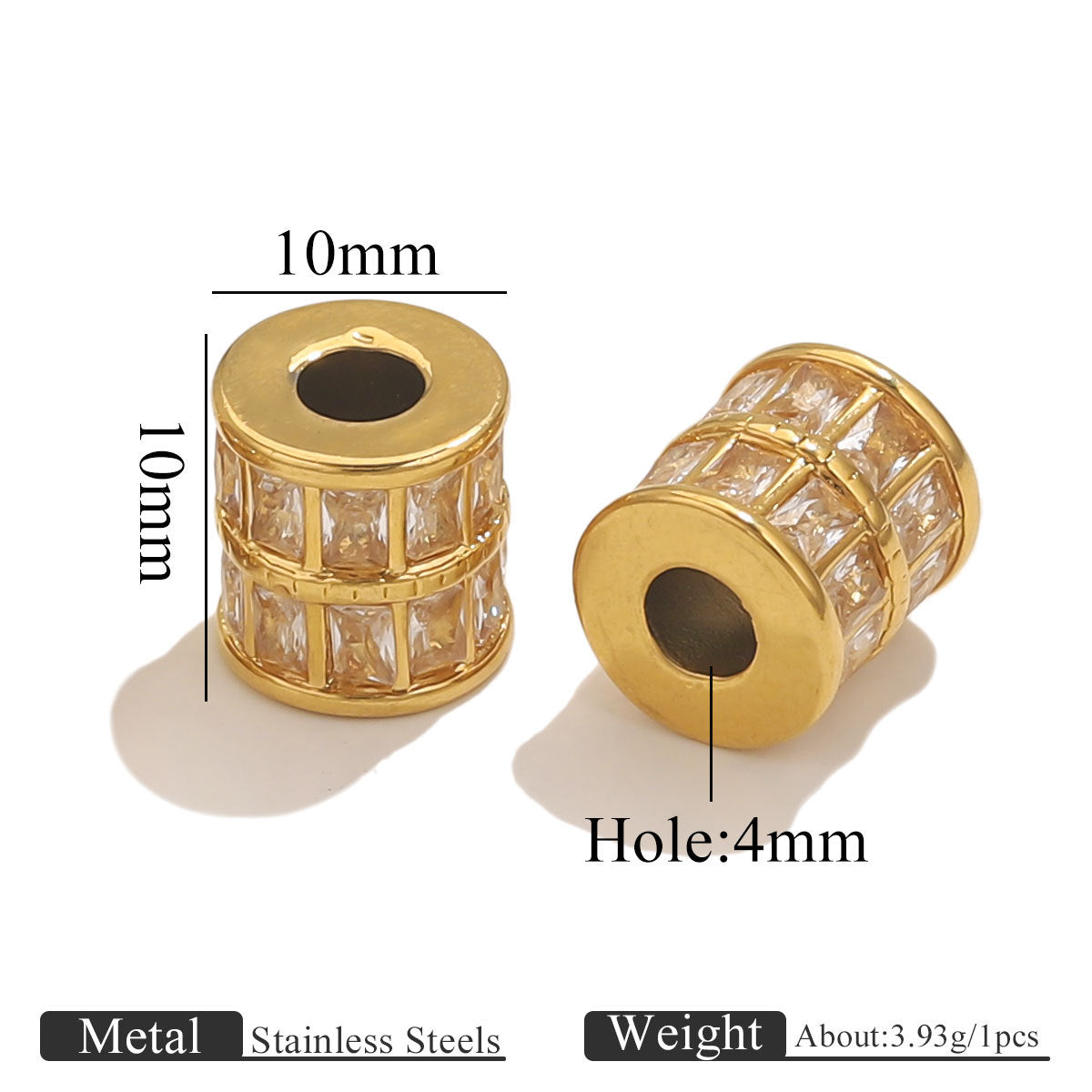 Two gold-toned cylindrical spacer beads with clear rhinestone-like accents, shown on a white background with dimension labels reading 10mm width and 10mm height, plus a hole size of 4mm. Text at the bottom mentions stainless steels and weight.