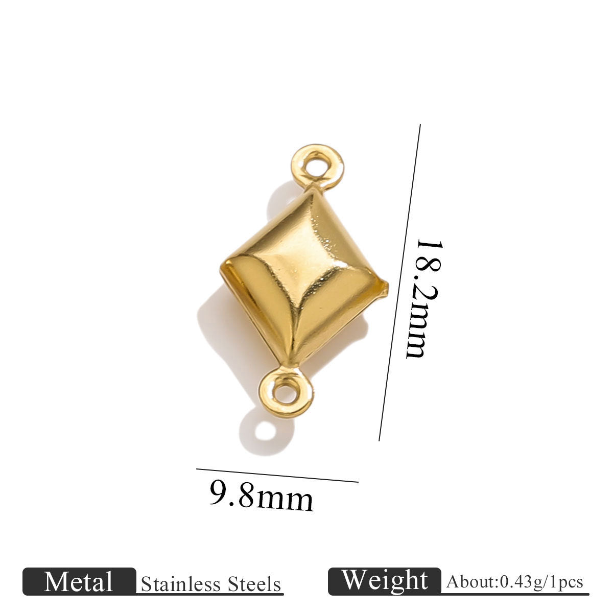 Gold-plated stainless steel double-hole hollow rhombus connector charm with size dimensions on white background