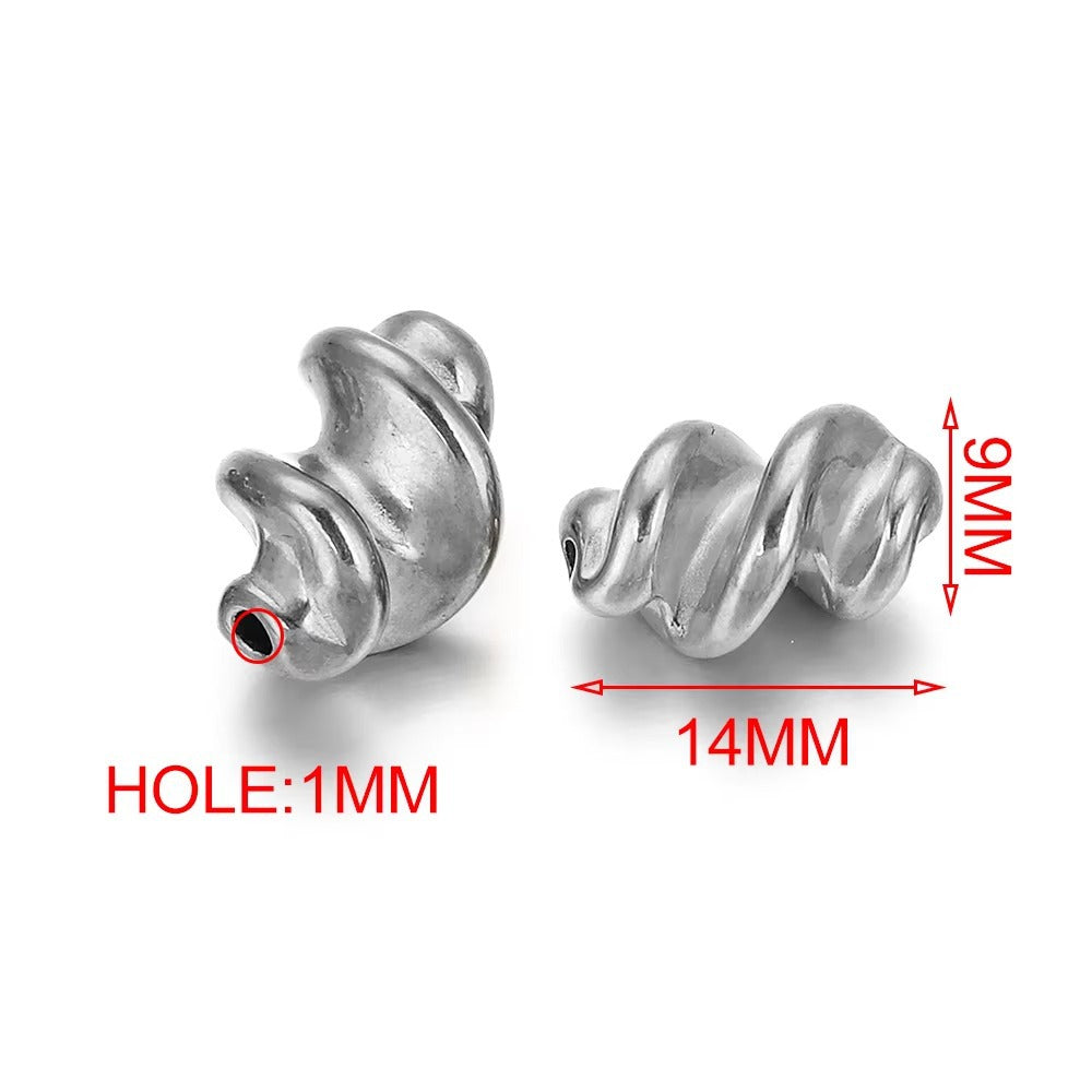 Silver twisted spiral spacer beads with size labels, 9mm by 14mm