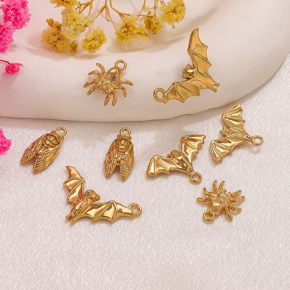 18K Gold-Plated Stainless Steel Animal Pendant Charms – Bat, Spider & Owl