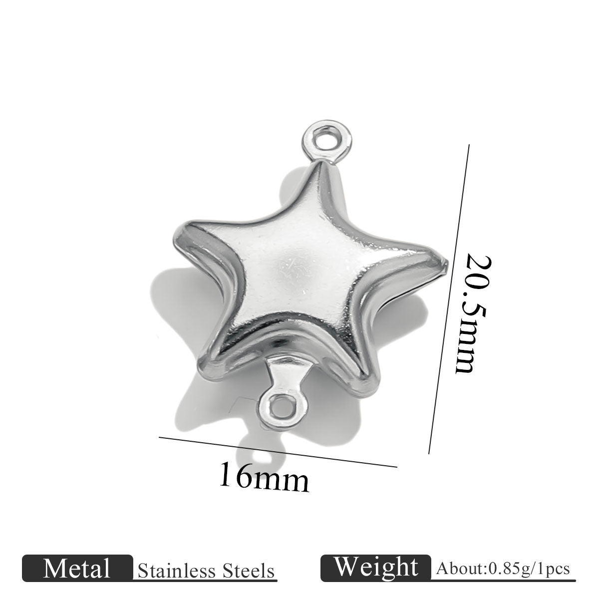 Stainless steel double-hole hollow large pentagram connector charm with size dimensions on white background