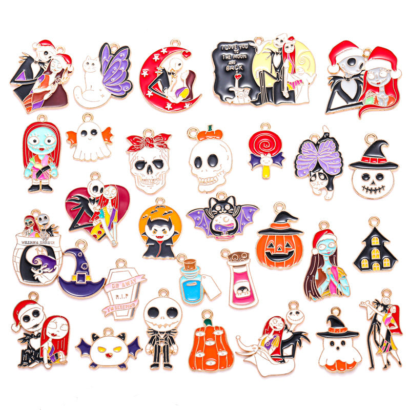 30 colorful enamel Halloween alloy charms with spooky character designs on white background.