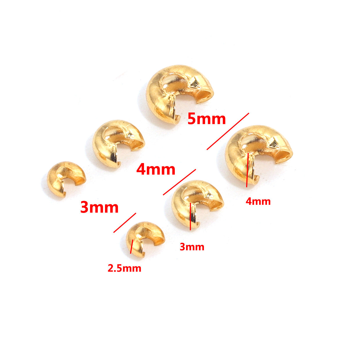 Six gold C-shaped crimp bead covers on white background with red size labels showing 2.5mm to 5mm.