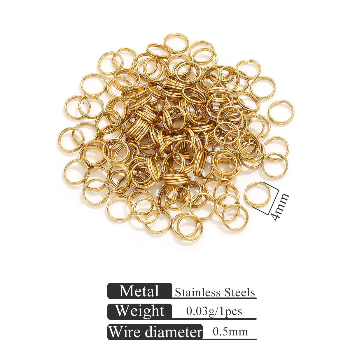 Small gold-toned jump rings on white background with measurement note
