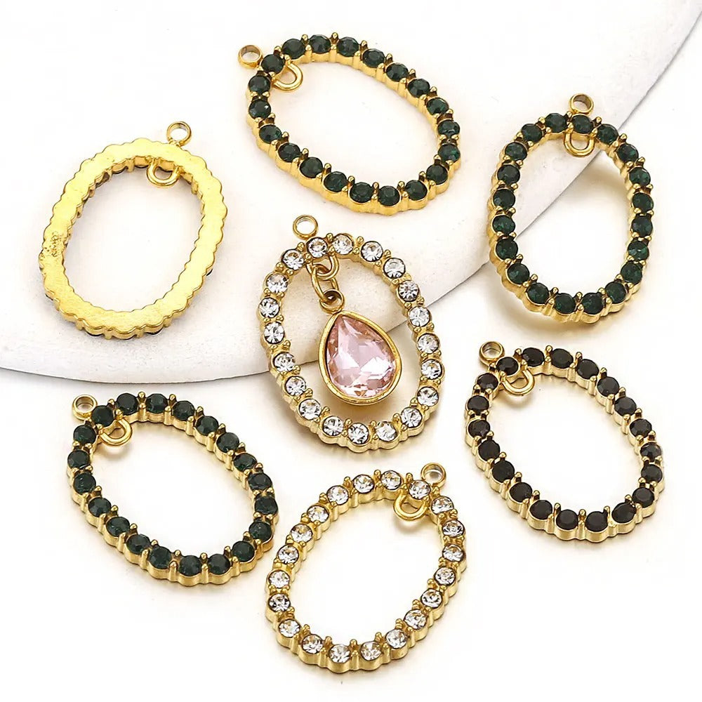 Crystal-Embellished Oval Stainless Steel Pendant 3pcs