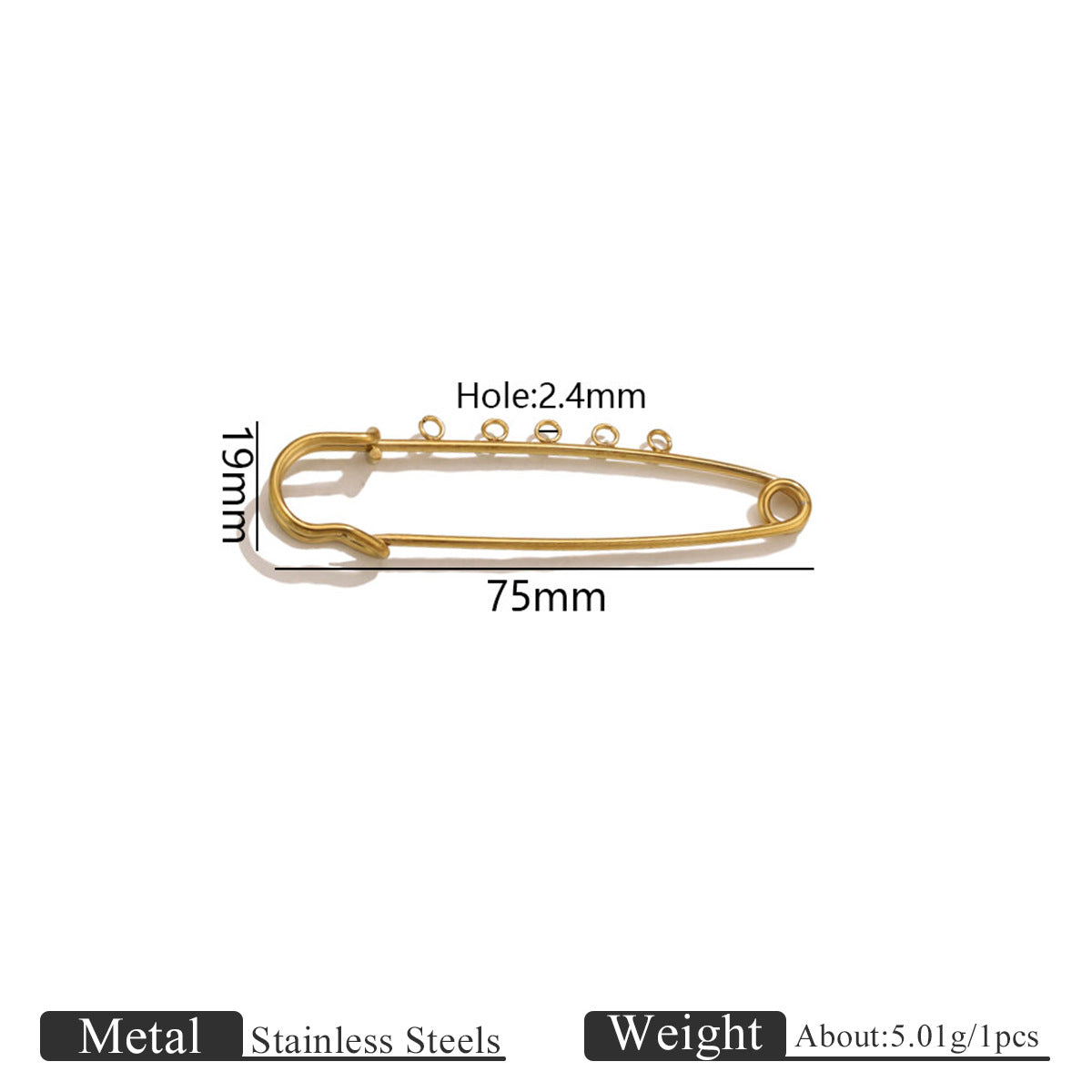 Gold-colored stainless steel safety pin with 75mm length and 19mm height markings on a white background