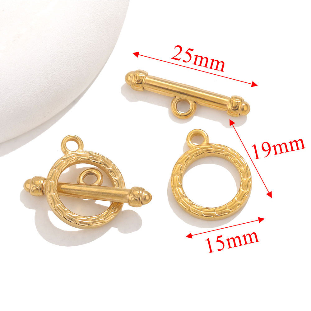 Gold textured round toggle clasps with red dimension arrows showing 25mm, 19mm, and 15mm on white background