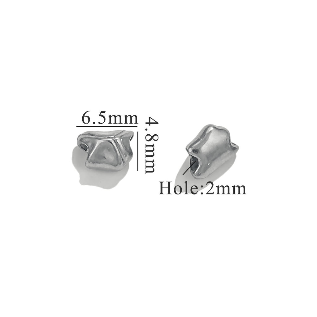Two small steel-color metallic bead charms with dimension text on white background