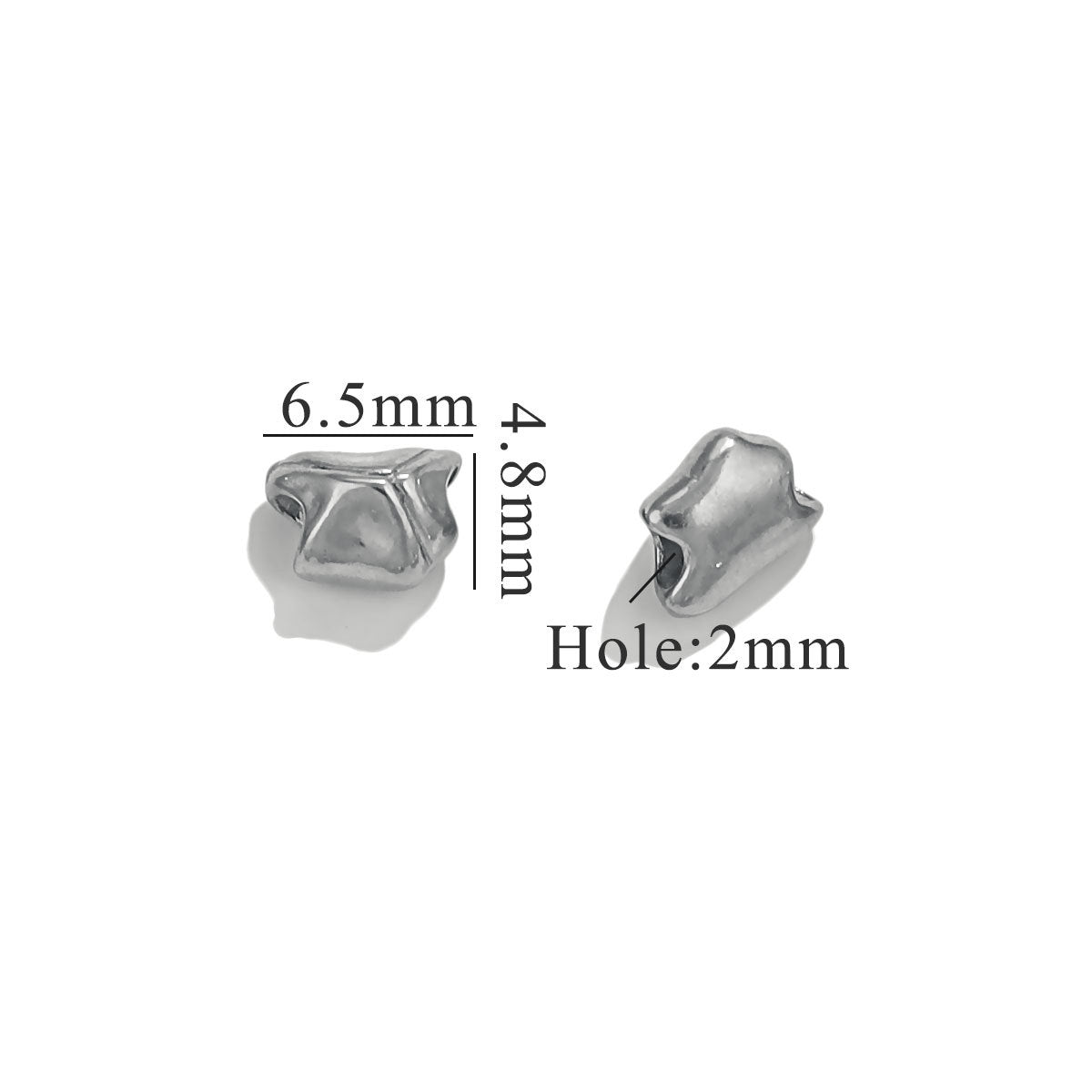 Two small steel-color metallic bead charms with dimension text on white background