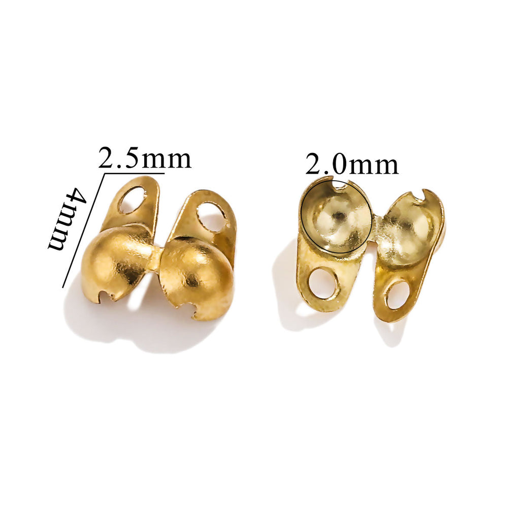 Two gold-toned ball chain connector clasps on white background, one labeled 4mm and 2.5mm, one labeled 2.0mm