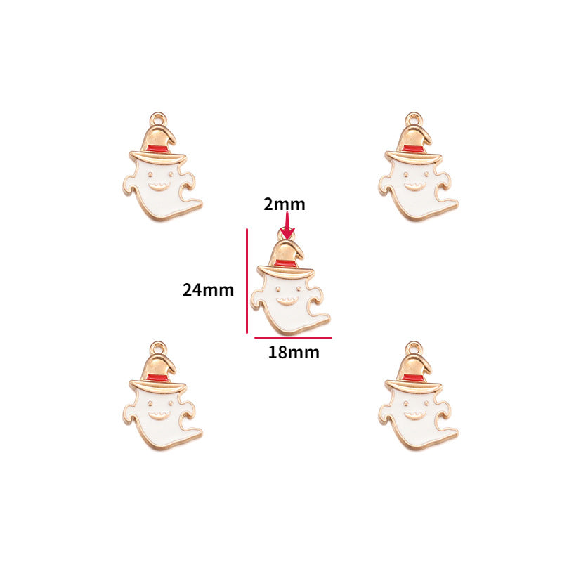 Five small ghost-shaped charms with gold-tone outlines and hats are shown on a white background, with one central charm annotated with dimensions 24mm tall, 18mm wide, and 2mm top height.