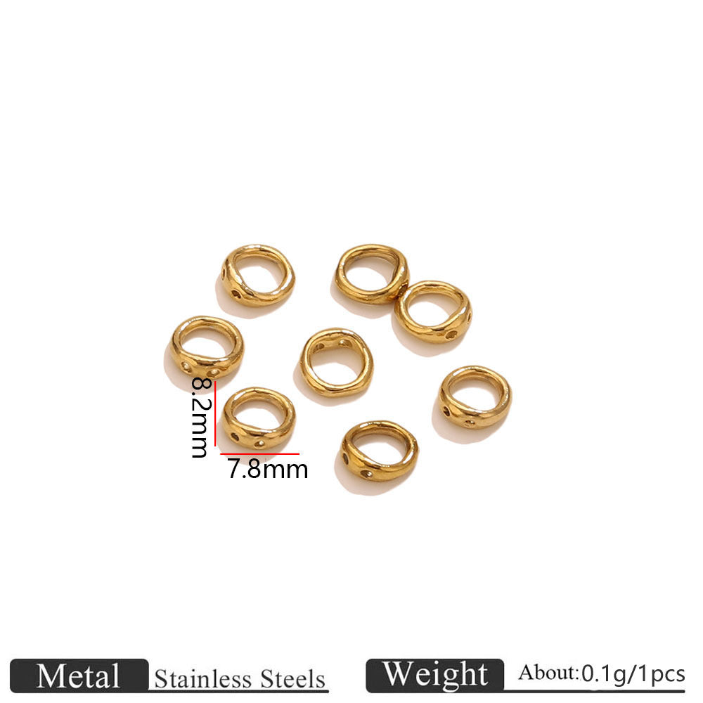 Eight gold-plated stainless steel double-ring spacer connectors on white background with 8.2mm by 7.8mm dimensions