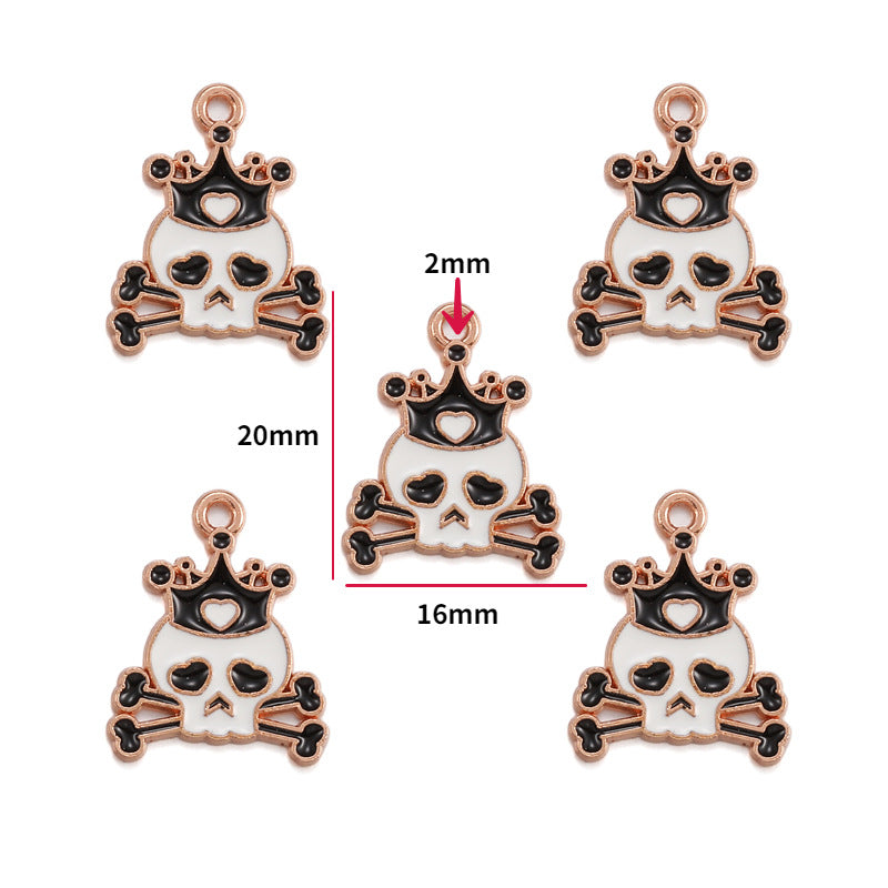 Five black enamel skull and crossbones charms with rose gold borders, 20mm