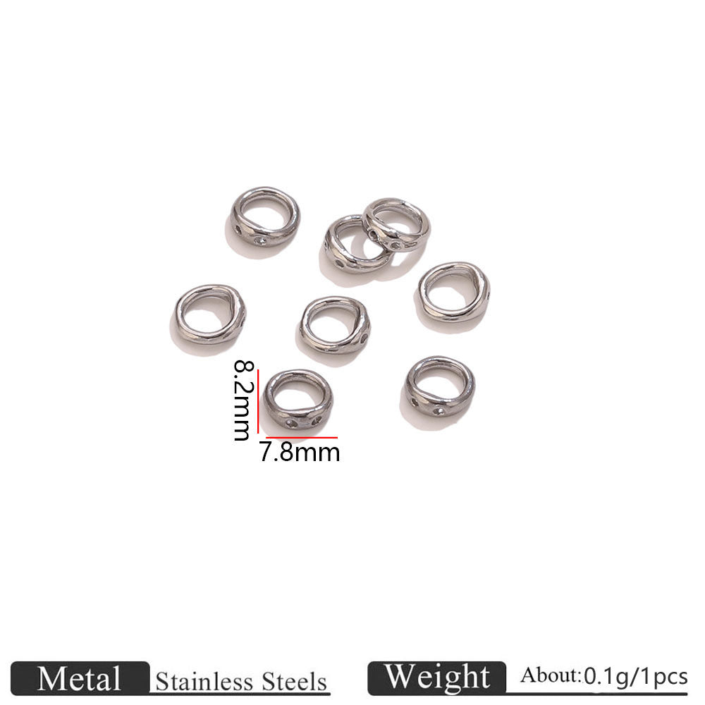 Seven steel color stainless steel double-ring spacer connectors on white background with 8.2mm dimensions
