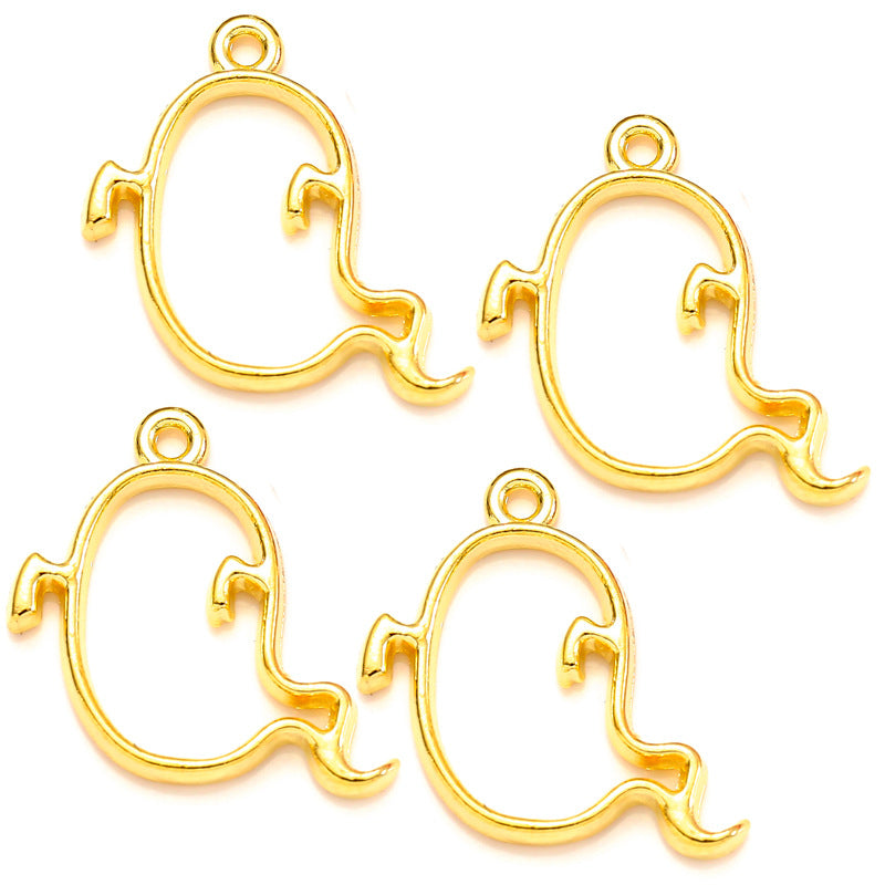 Four gold ghost-shaped charms with top loops on a white background