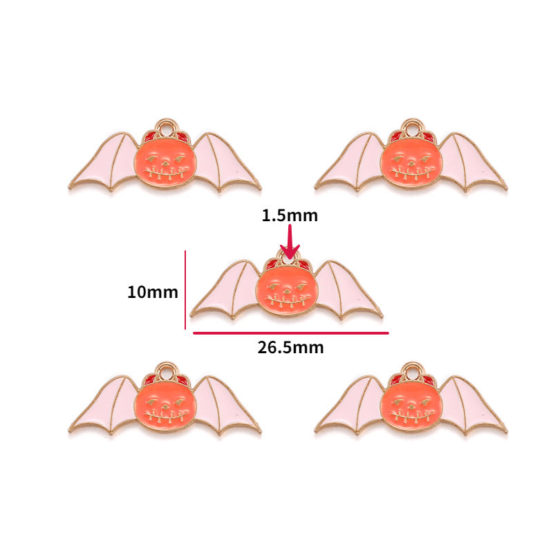 Five bat charms with pink wings and orange jack-o'-lantern faces, 10mm by 26.5mm