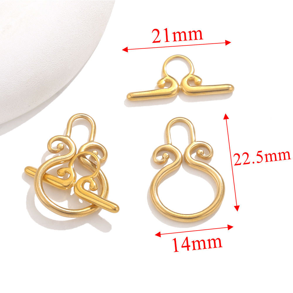 Gold scroll-shaped toggle clasps with red dimension arrows showing 21mm, 22.5mm, and 14mm on white background