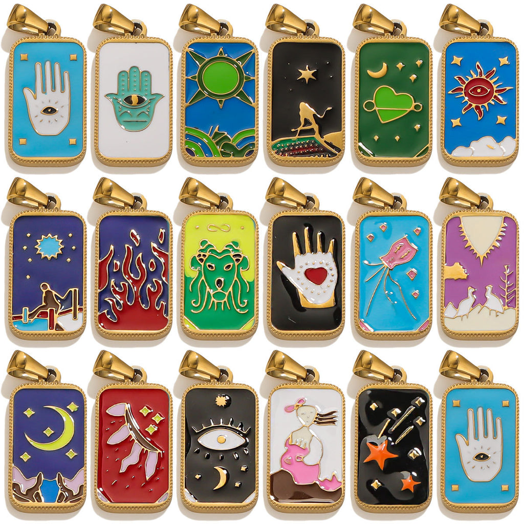 Stainless Steel Enamel Tarot Card Pendant Charms 5pcs