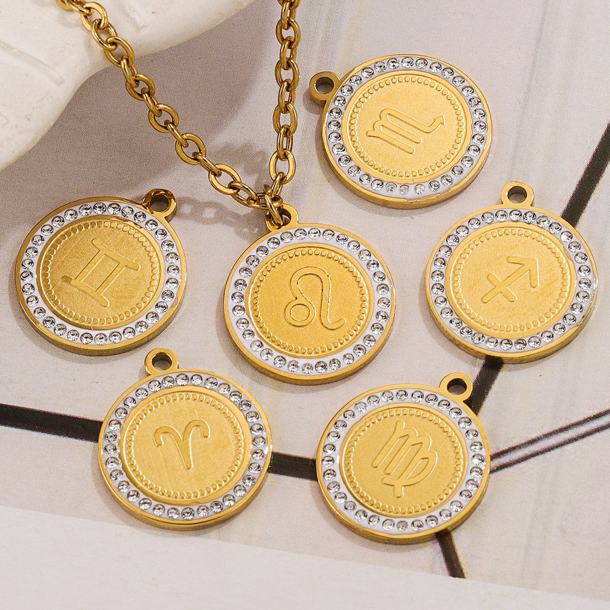 18K Gold-Plated Round Zodiac Constellation Pendant Charms – 12 Signs