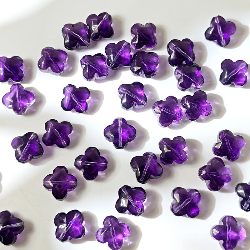 Small translucent purple 10x13mm glazed crystal glass four-leaf clover beads