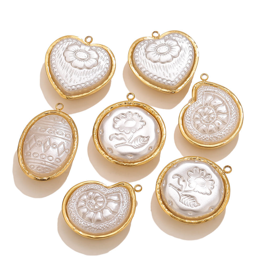 French Vintage Stainless Steel Framed Acrylic Floral Heart Pendant 5pcs
