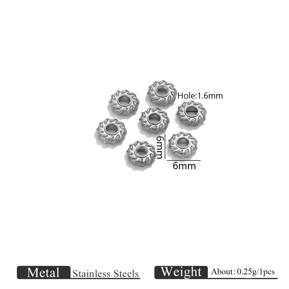 Six silver stainless steel twisted wheel spacer beads with dimension labels showing 6mm size and 1.6mm hole