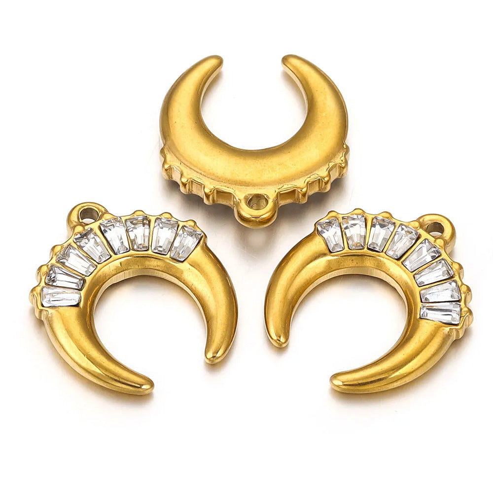 18K Gold-Plated Stainless Steel Zircon Crescent Moon Pendant 2pcs