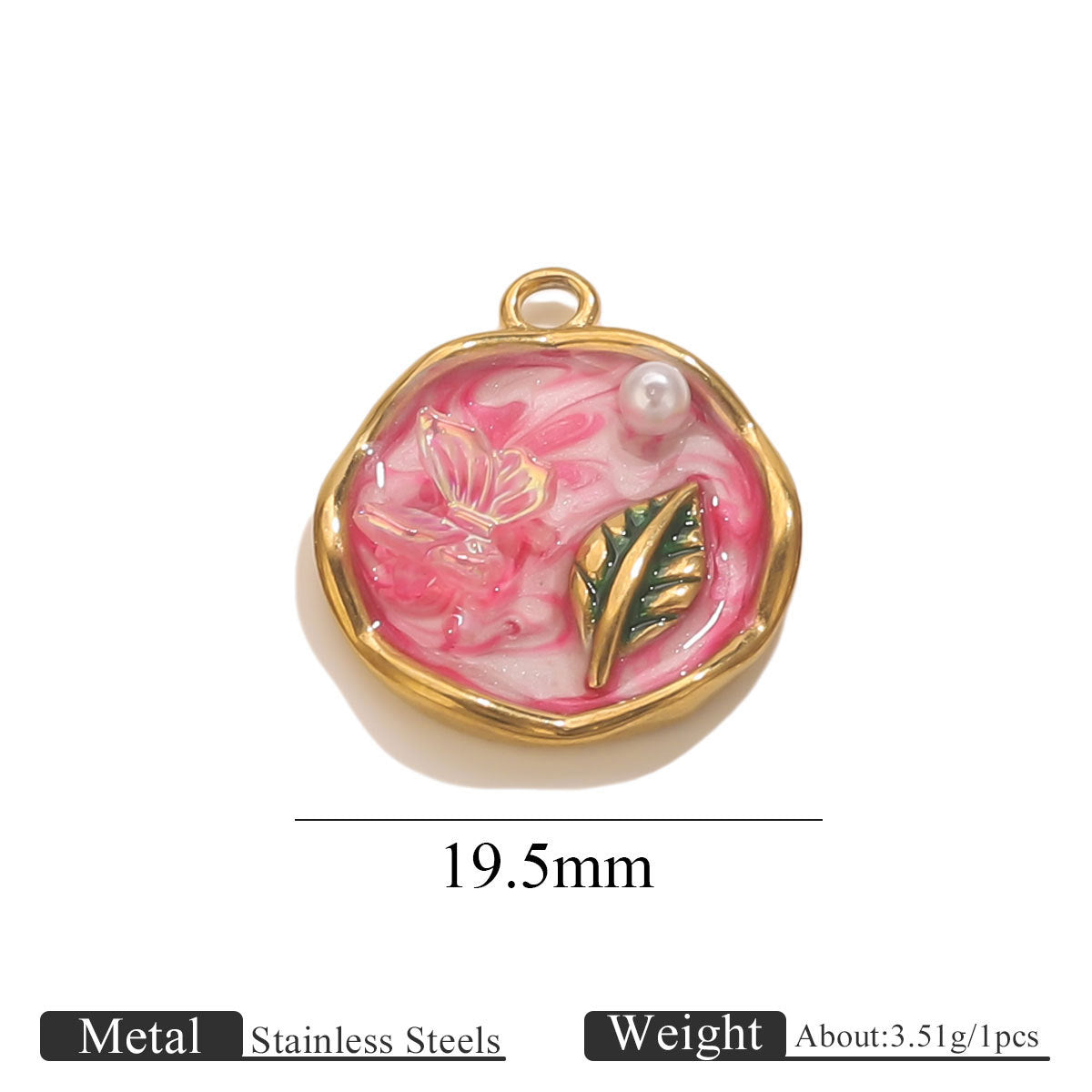 Stainless Steel Enamel Floral Faux Pearl Pendant Charm