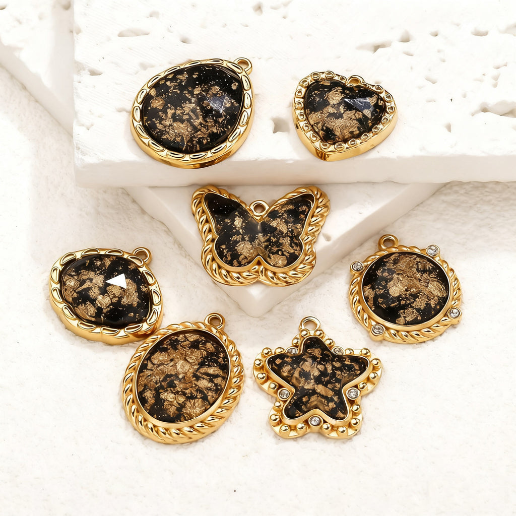 Vintage Black and Gold Foil Stainless Steel Pendant Charms – Butterfly, Star & Heart