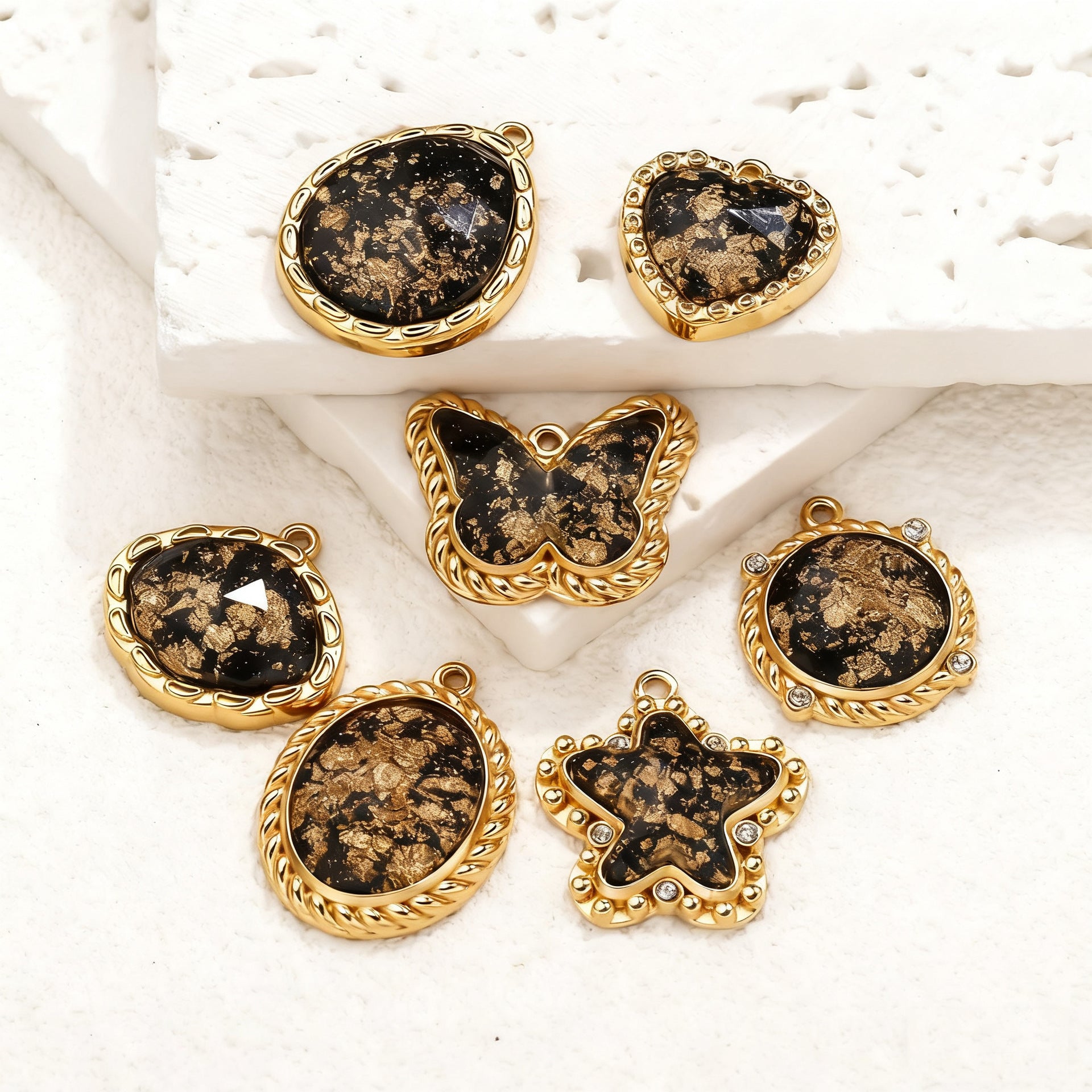 Vintage Black and Gold Foil Stainless Steel Pendant Charms – Butterfly, Star & Heart
