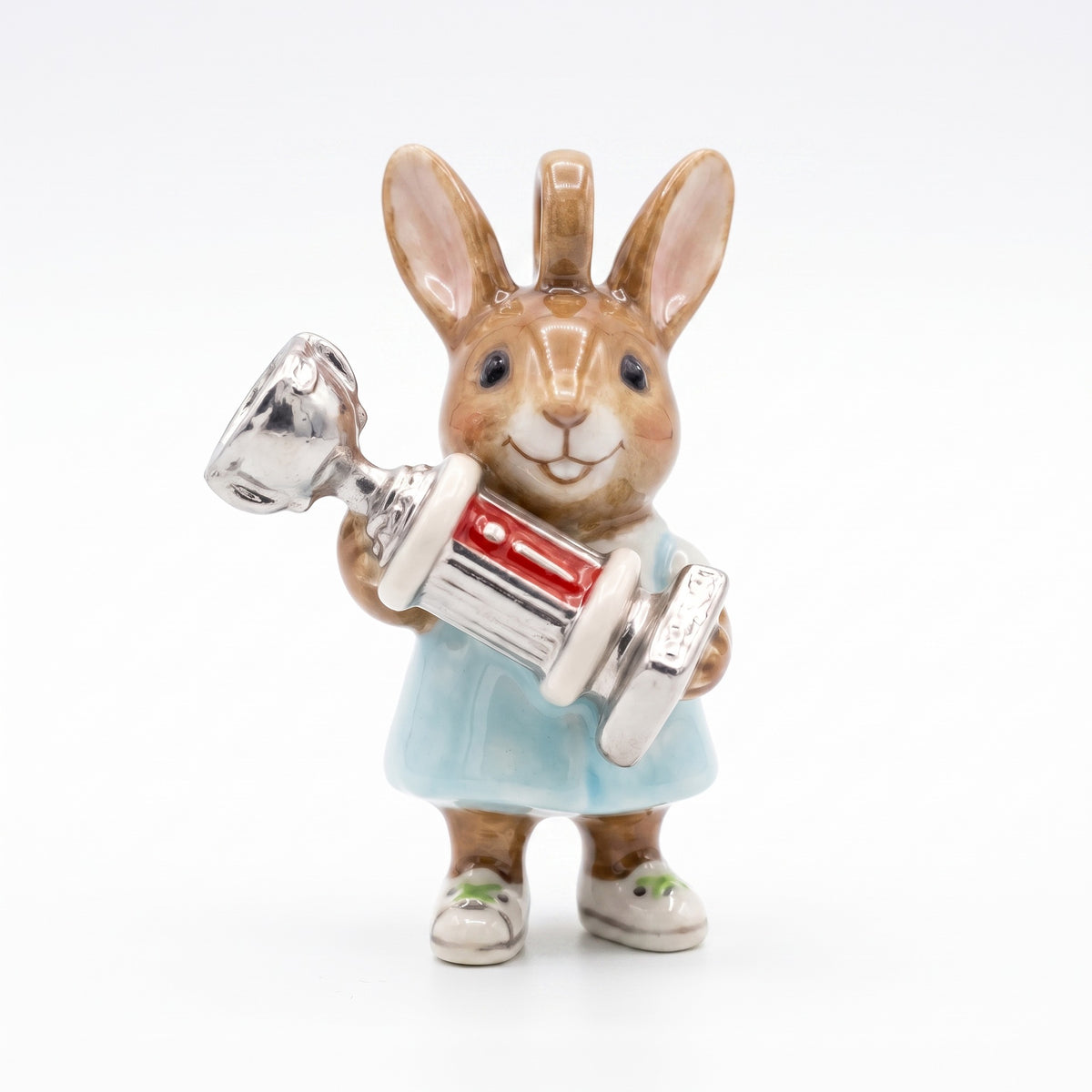 3D rabbit pendant charm holding silver dumbbell with red stripe, wearing light blue dress and white shoes.