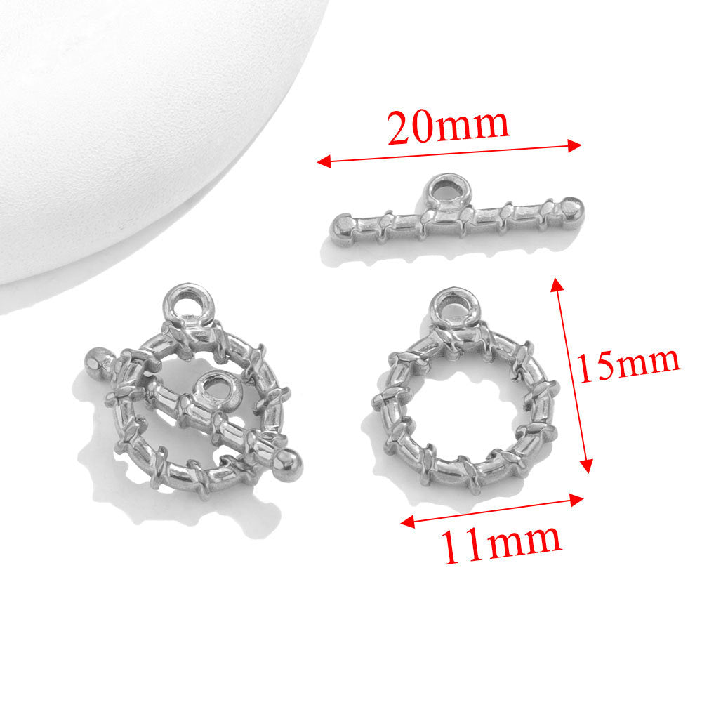Steel bamboo-style toggle clasps with red dimension arrows showing 20mm, 15mm, and 11mm on white background