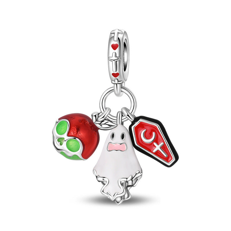 Silver-plated triple dangle charm with red poison apple, white ghost, and red coffin pendants