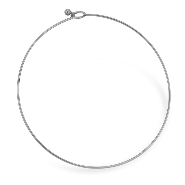 Silver stainless steel thin rigid choker necklace, circular wire neck ring with ball clasp on white