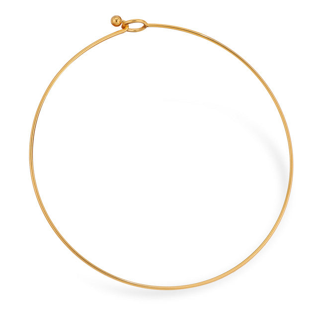 Gold stainless steel thin rigid choker necklace, circular wire neck ring with ball clasp on white