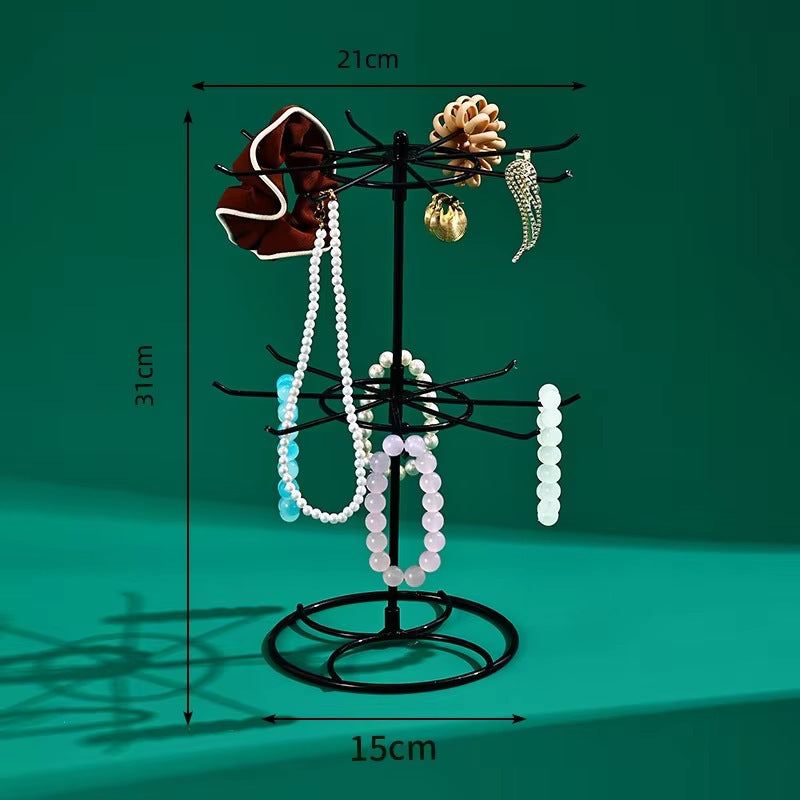 Rotating Double-Tier Metal Jewelry Display Stand – Wrought Iron Necklace & Bracelet Organizer for Desktop Storage, Craft Fairs & Boutique Displays