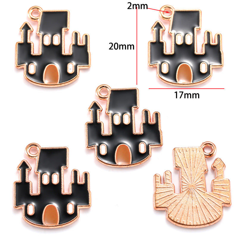 Five castle-shaped charms with black enamel and rose gold outline, 20mm by 17mm