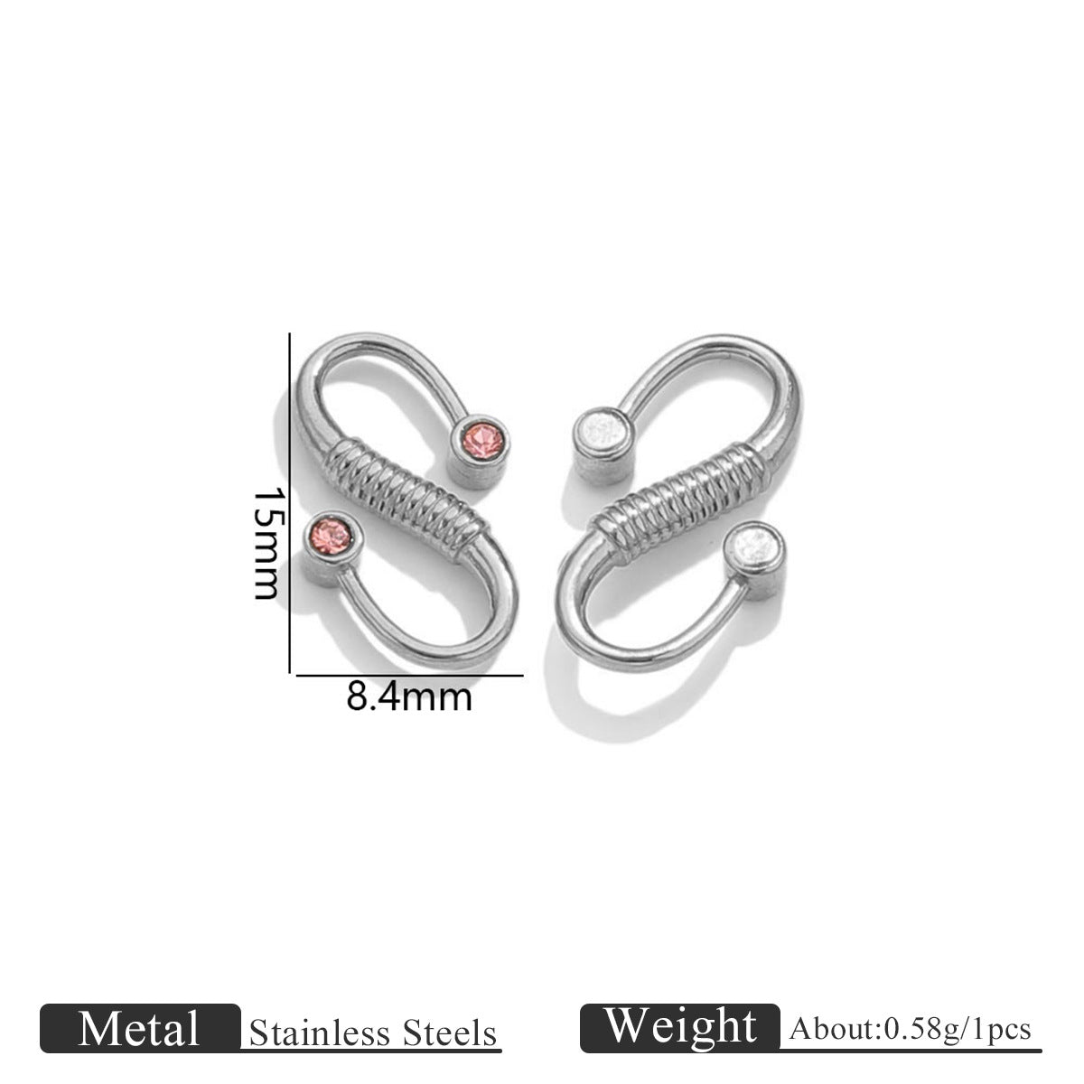 Two silver stainless steel S-hook clasps with pink and white stones, 15mm by 8.4mm dimensions