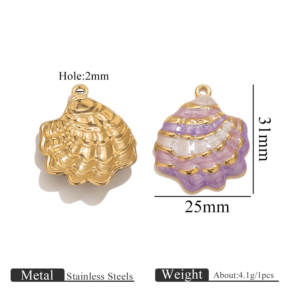 18K Gold-Plated Stainless Steel Enamel Seashell Pendant Charm 2pcs
