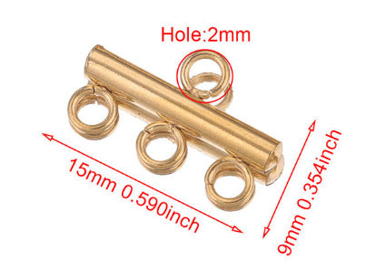 Gold multi-loop connector bar, technical diagram showing 15mm length, 9mm width, 2mm hole